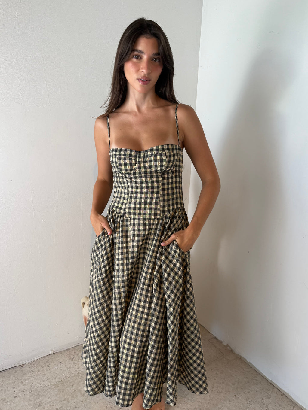 Natural Checkered Bustier Maxi Dress