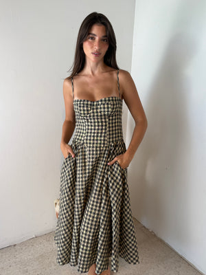 Natural Checkered Bustier Maxi Dress