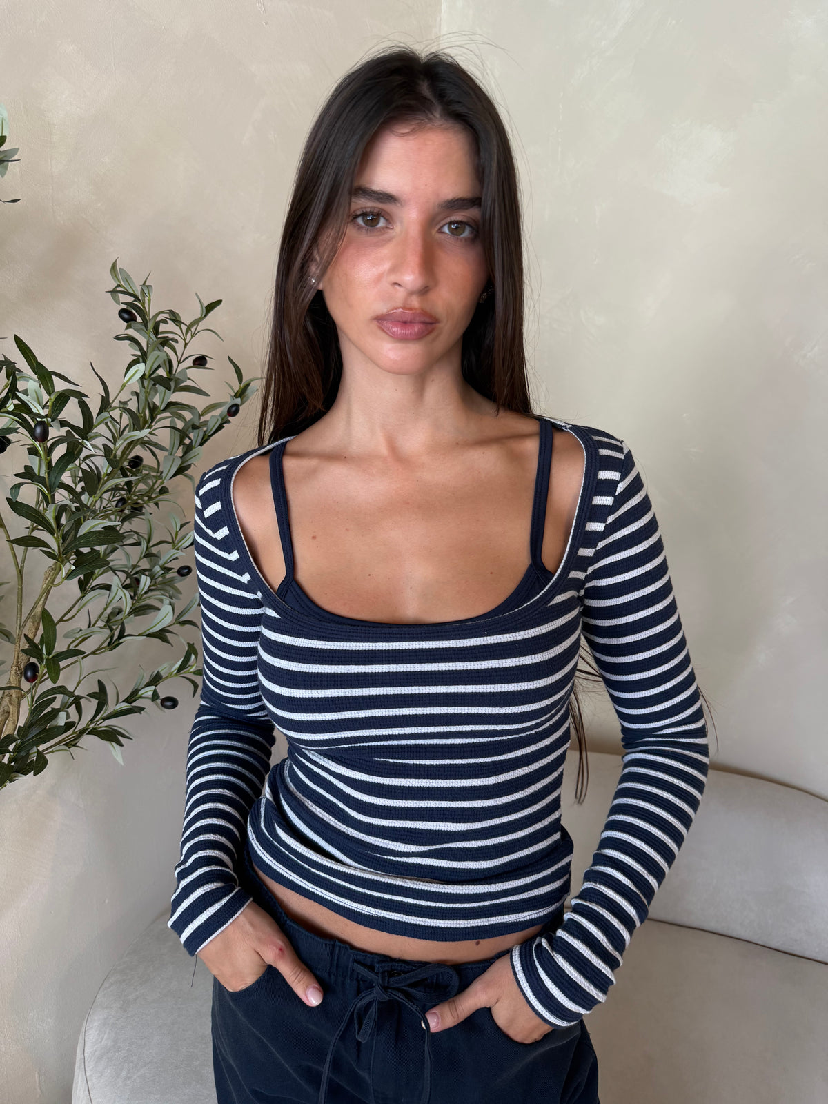 Stripe LS Halter Navy Top