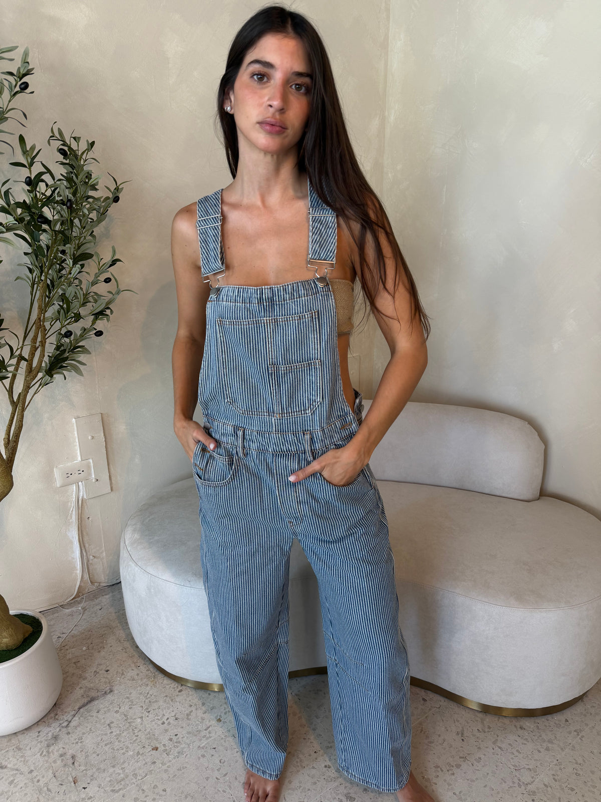 Stripe Denim Overall Jumpsuit