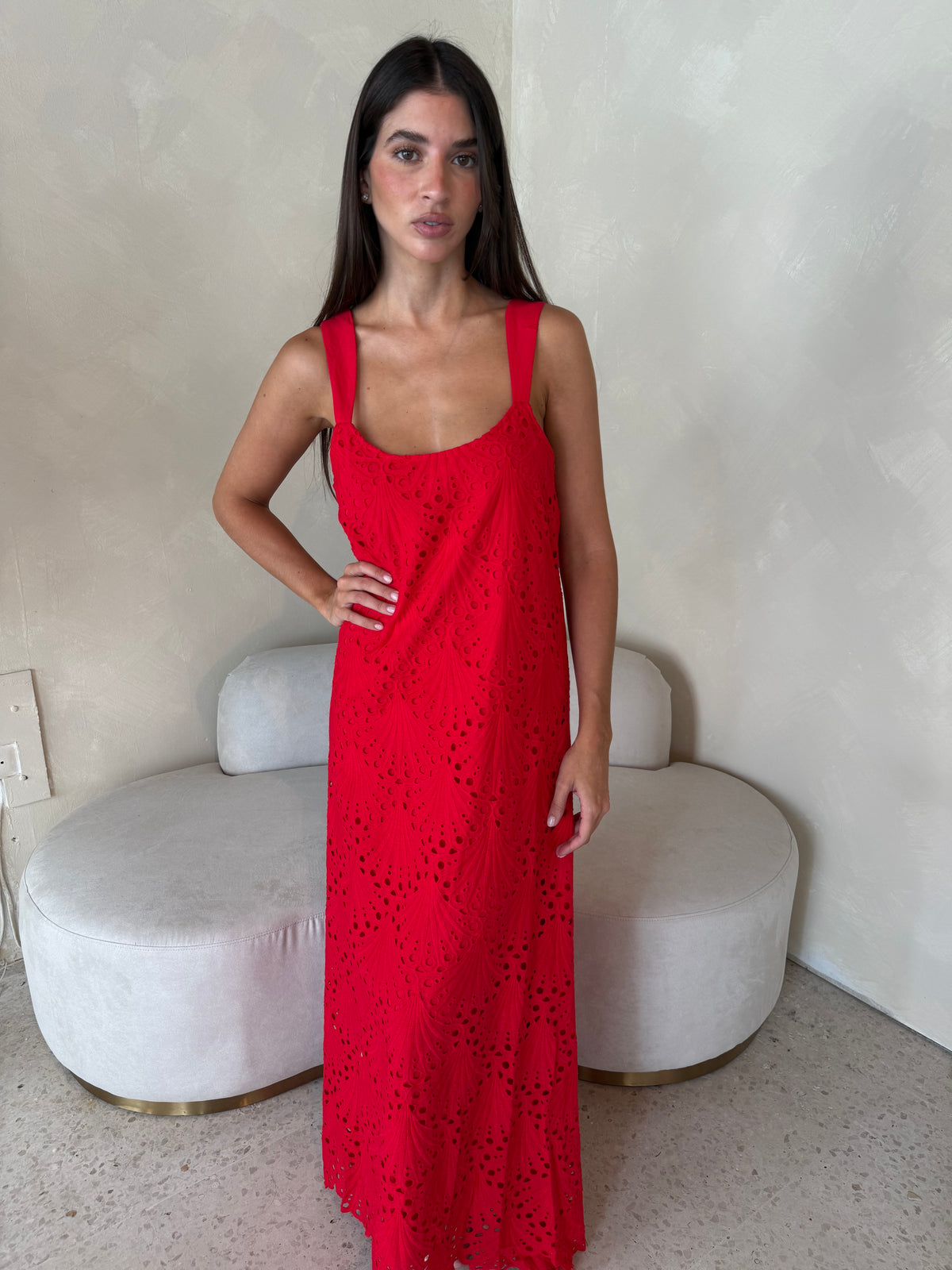Red Eyelet Maxi Dress