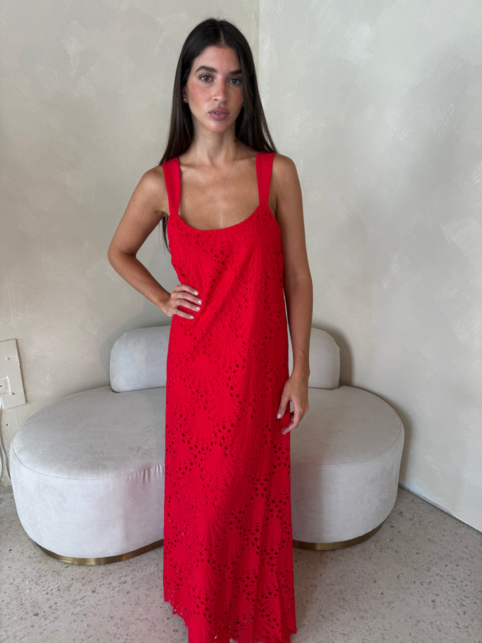 Red Eyelet Maxi Dress