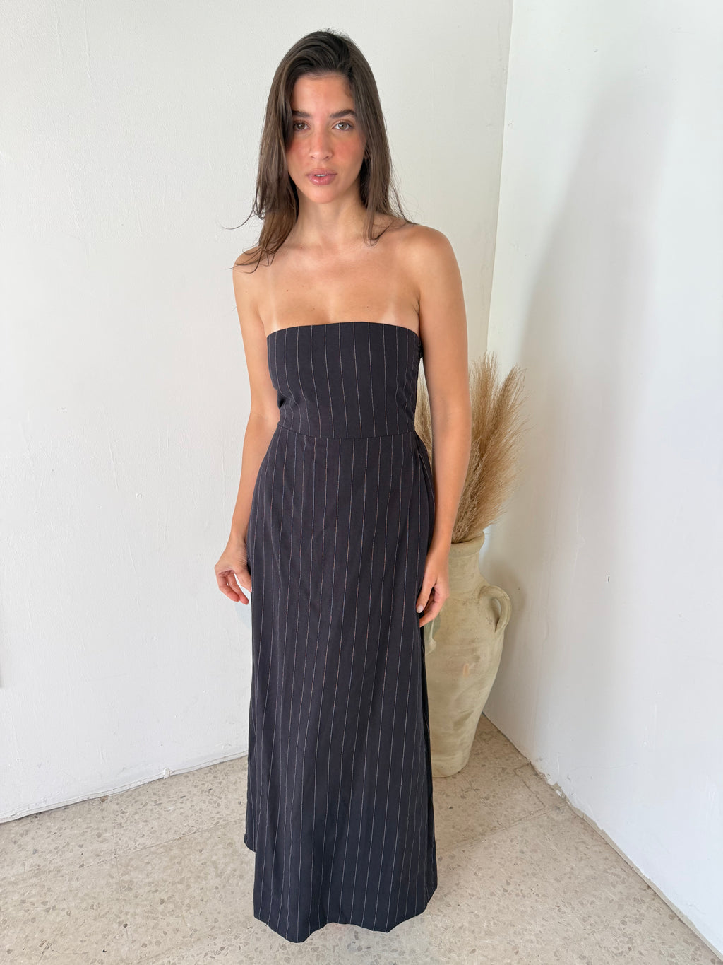 Black Linen Stripe Maxi Dress
