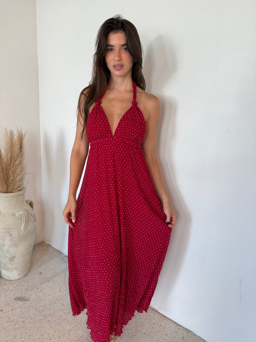 Polka Pleated Halter Dress