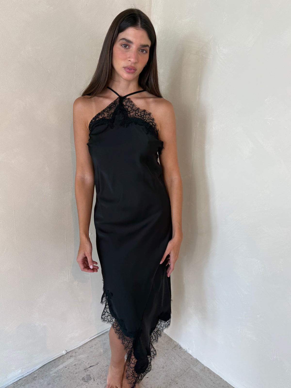 Black Lace Trim Detail Slip Dress