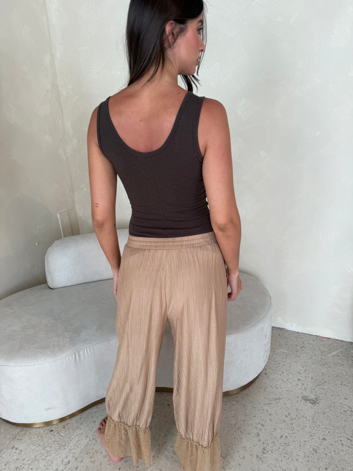 Taupe Lace Trim Pants