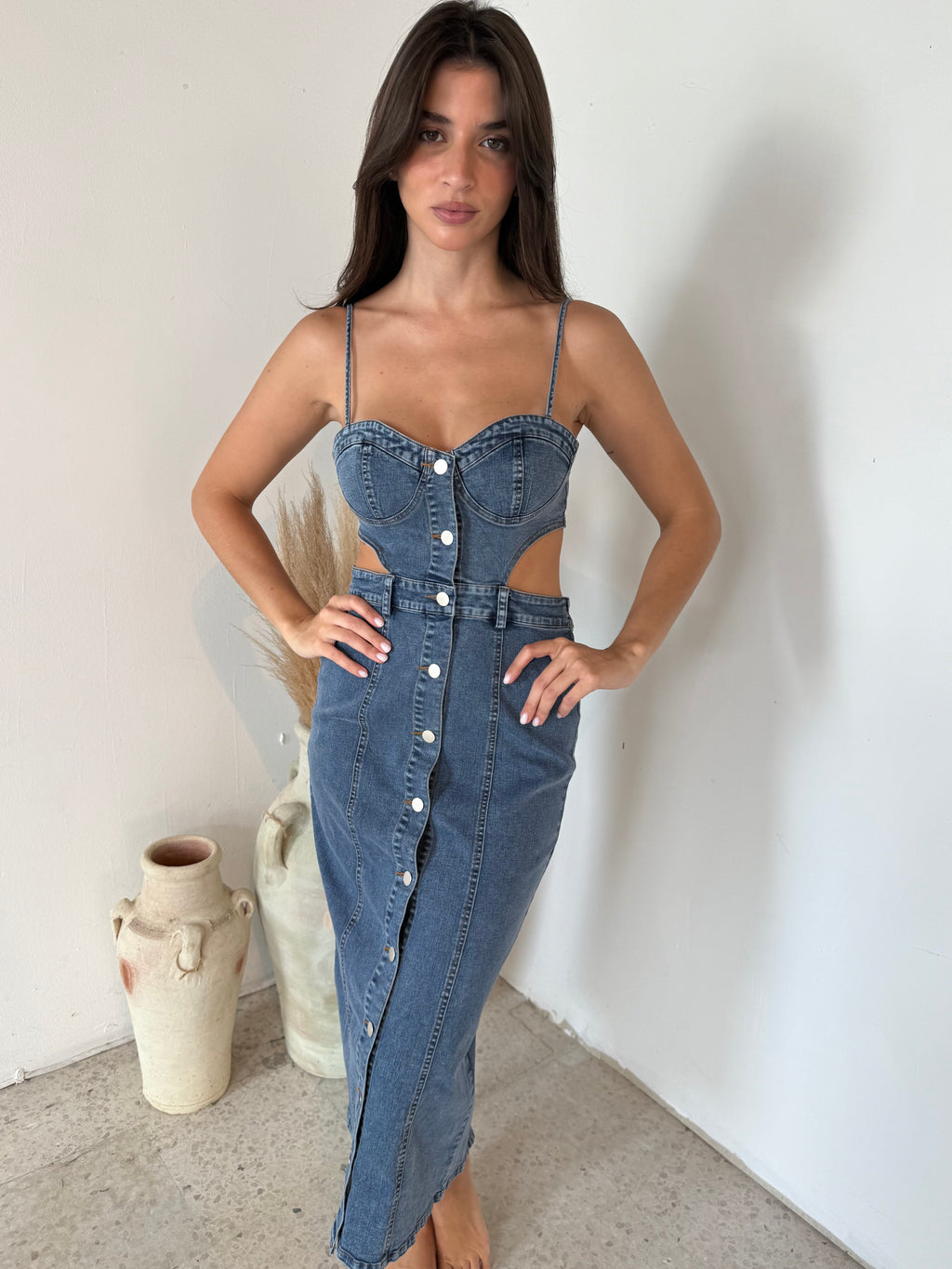 Denim Cut Out Midi Dress