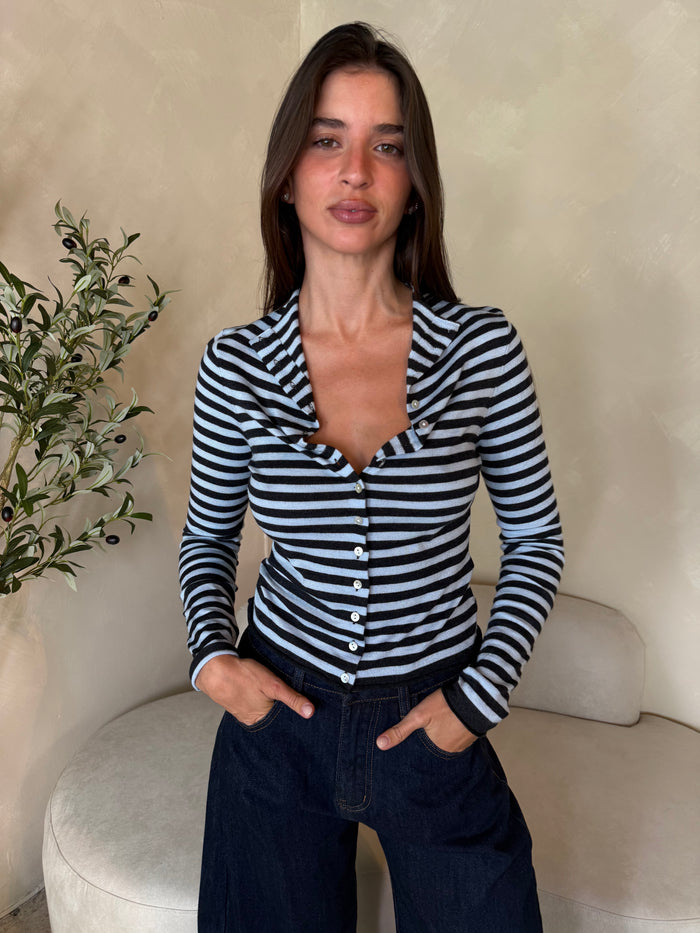 Front Button Stripe Sweater Top