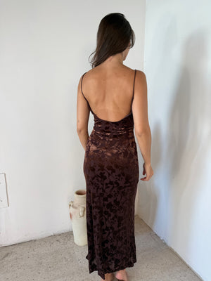 Brown Veltet Burnout Maxi Dress
