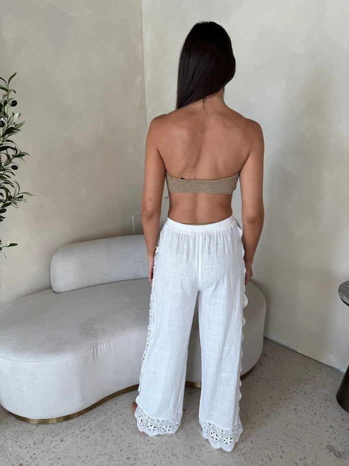 White Linen Lace Trim Pants