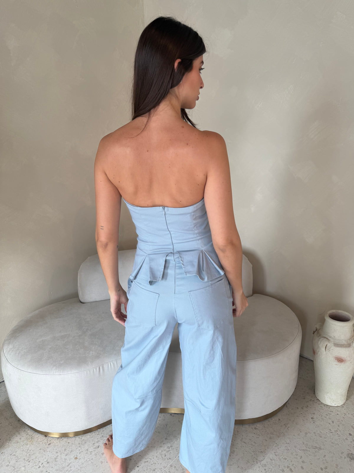 Pleated Strapless Barrel Jumpsuit