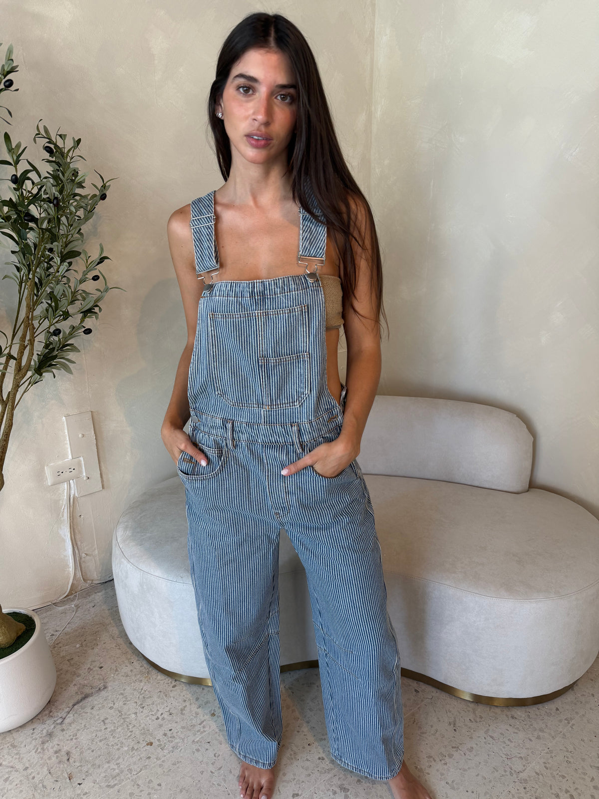 Stripe Denim Overall Jumpsuit