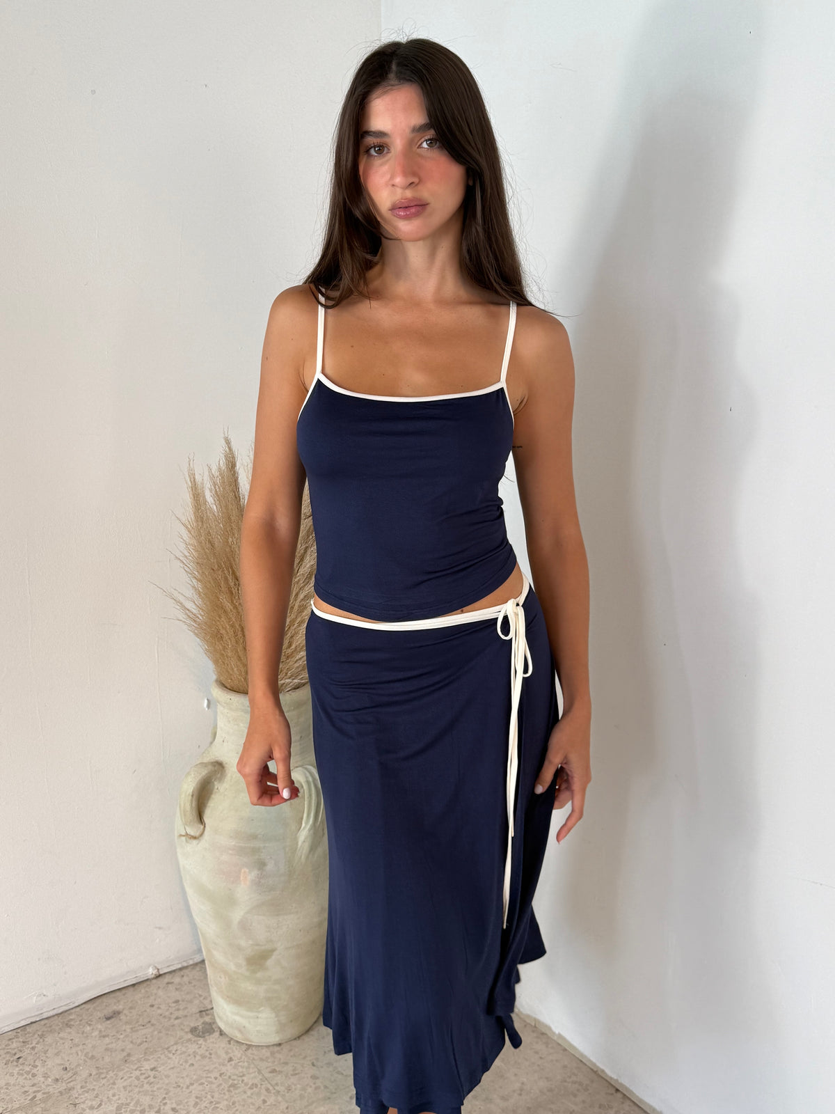 Back Tie Strap Crop Top & Wrap Midi Skirt Set