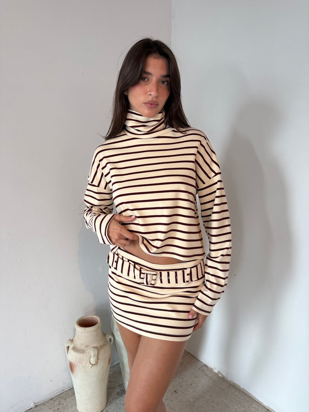 Cream Burgundy Stripe LS Top & Skort Set