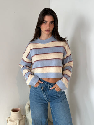 Blue Stripe Fuzzy Sweater Top