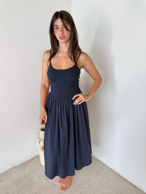Ribbed Navy Strappy Midi Dress