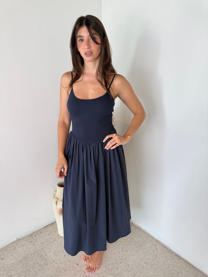 Ribbed Navy Strappy Midi Dress