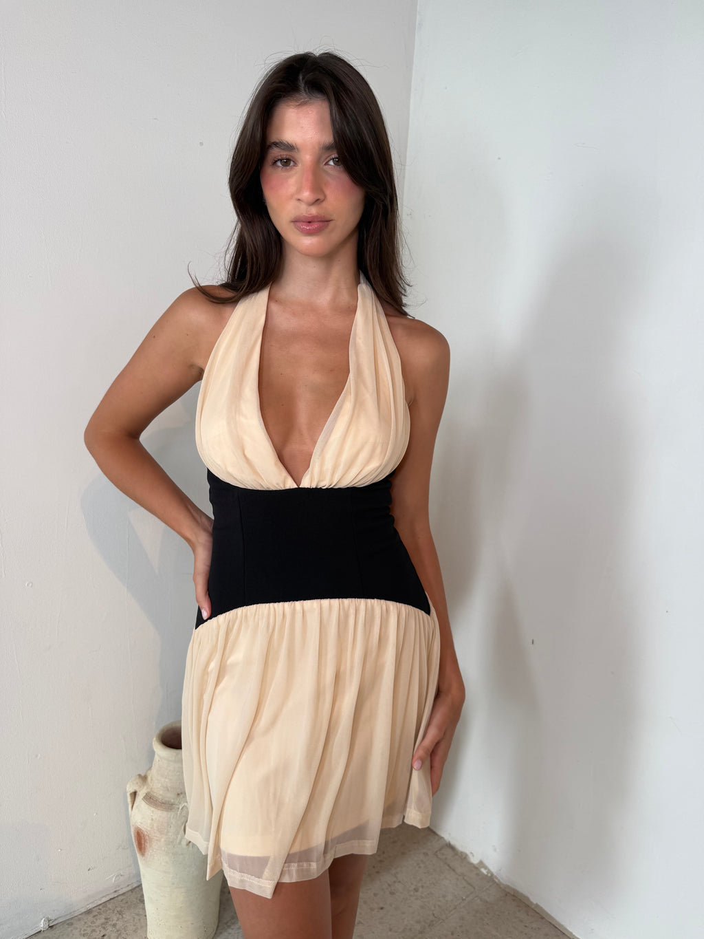 Halter Cream Black Mini Dress