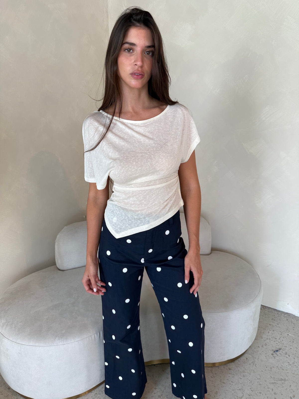 Navy Polka Denim Pants