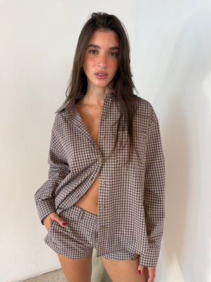 Brown Plaid LS Top & Short Set