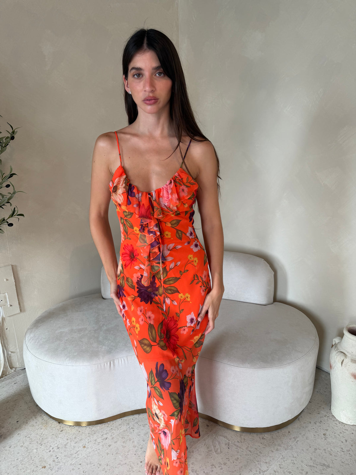 Floral Orange Ruffle Dress