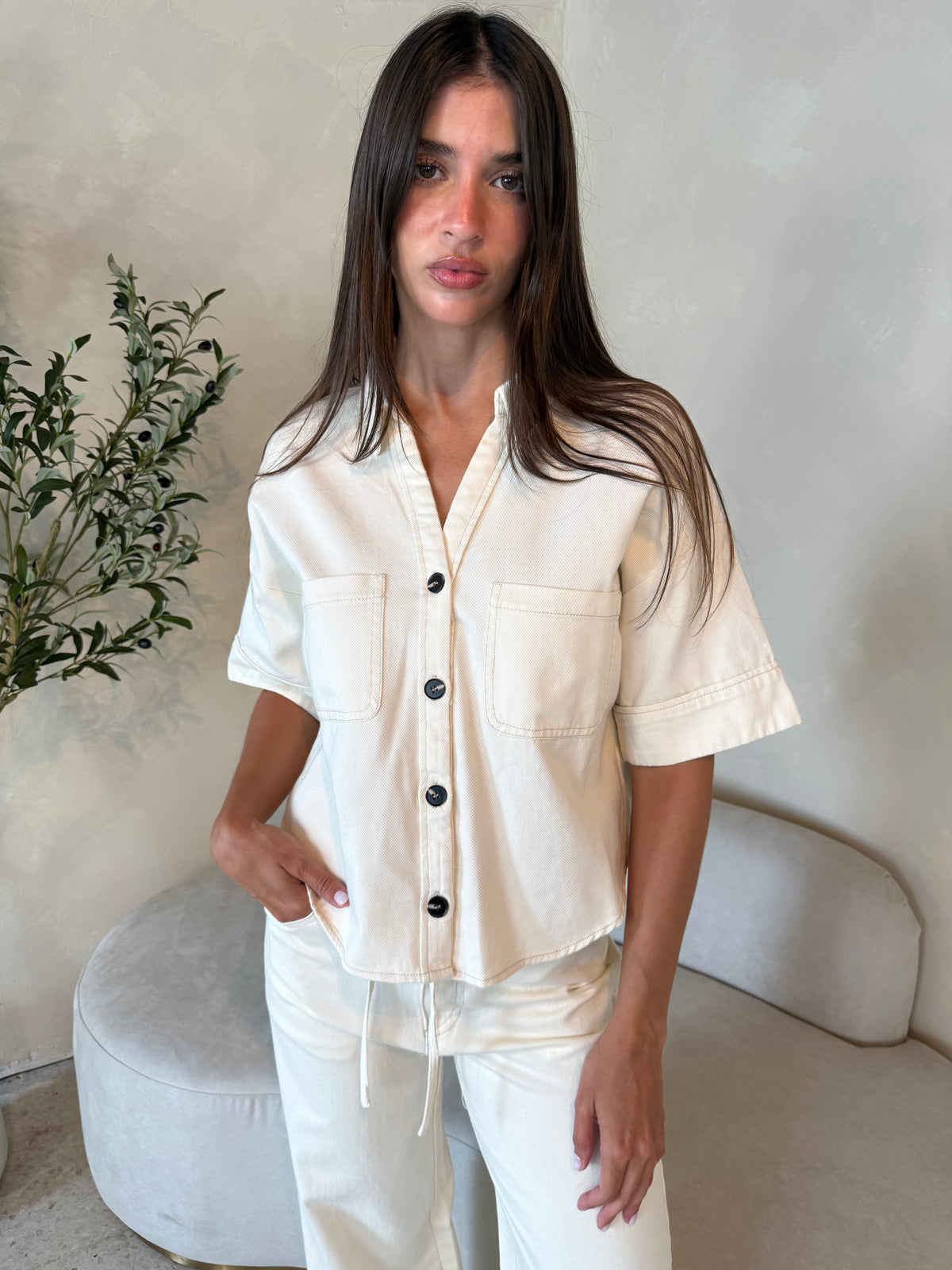 Ecru Denim SS Top & Pant Set