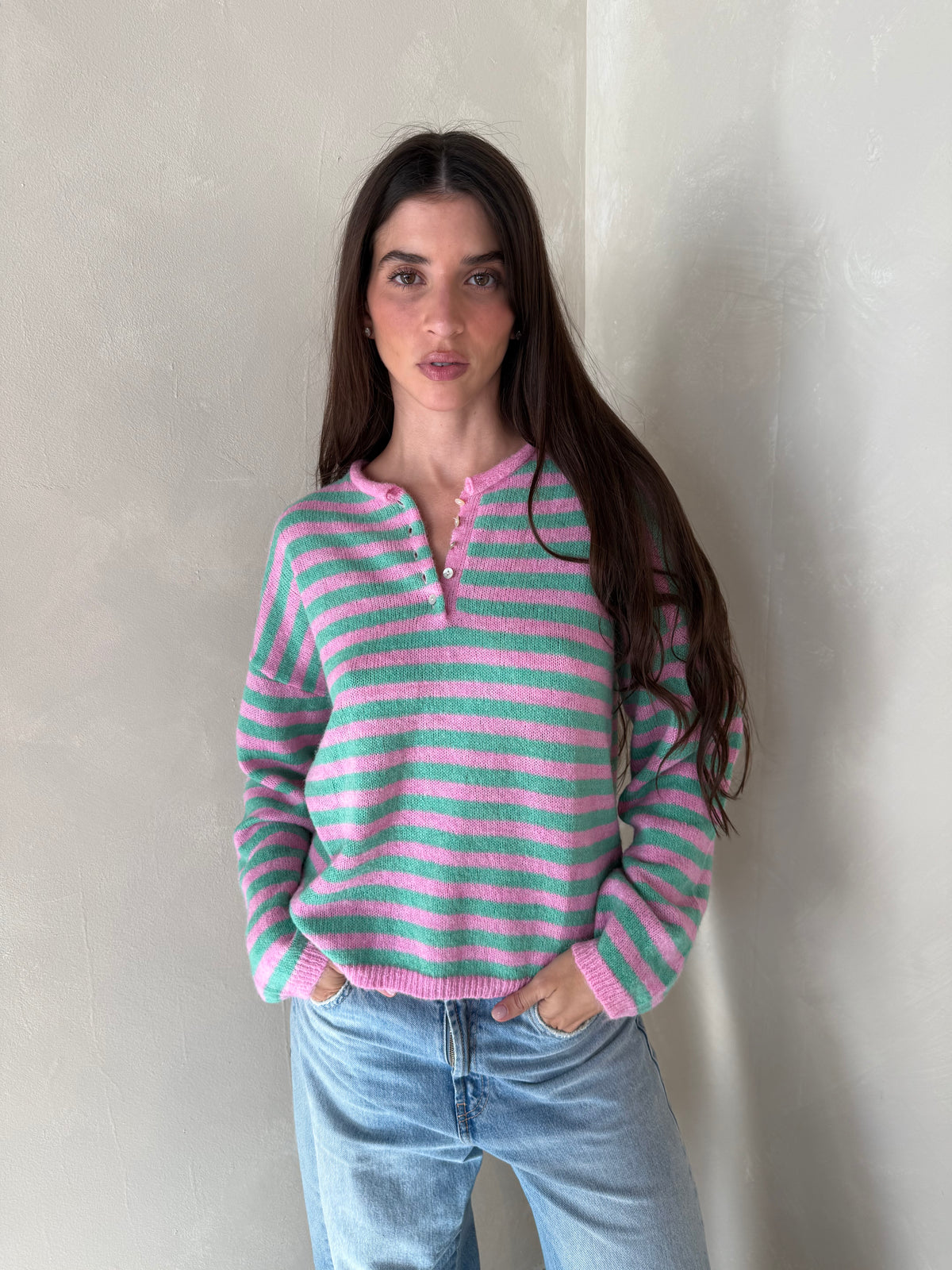LS Stripe Button Sweater
