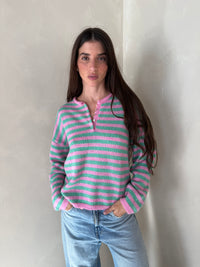 LS Stripe Button Sweater
