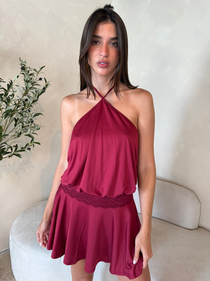 Burgundy Lace Mini Dress