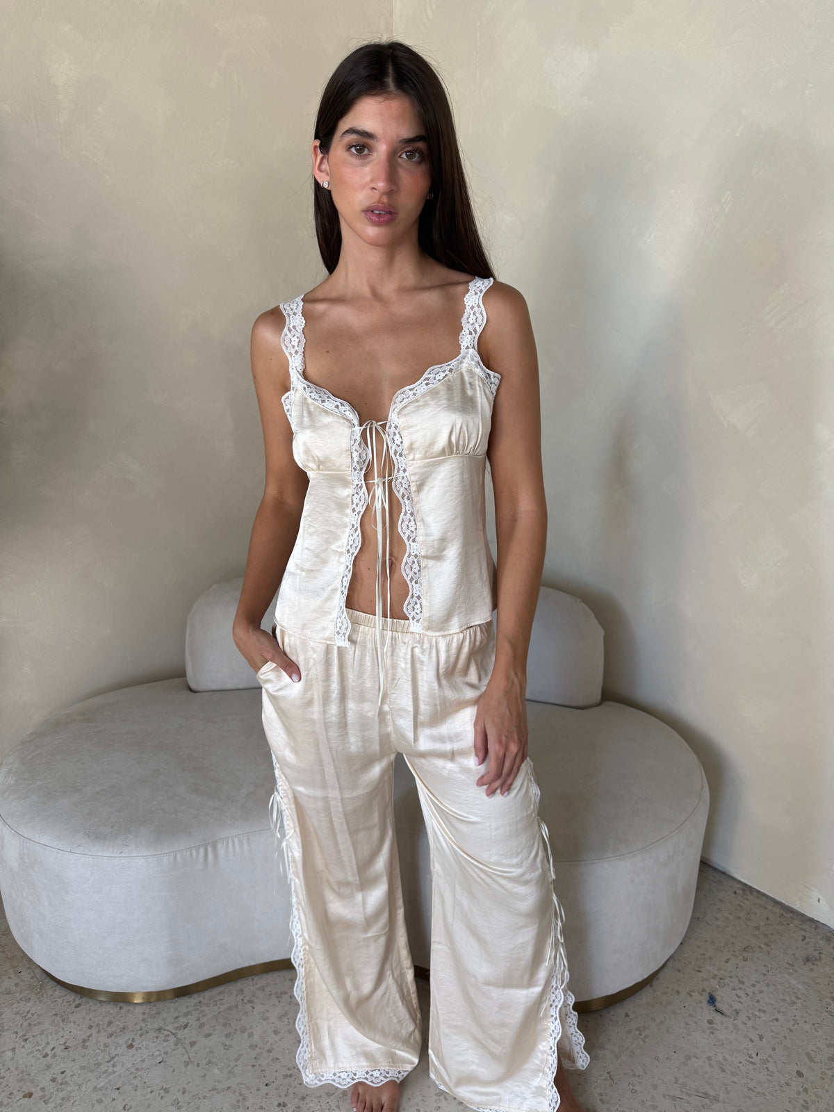 Satin Lace Trim Top & Pant Set
