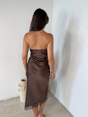 Brown Lace Satin Midi Dress