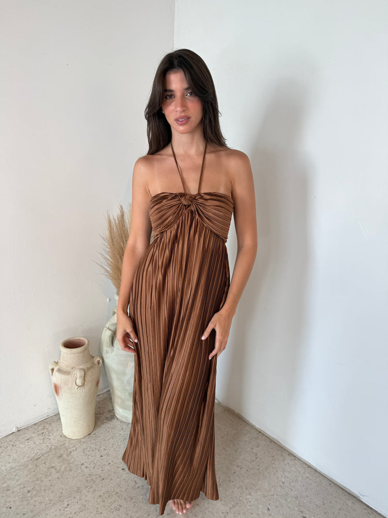 Shimmer Brown Pleated Maxi Dress