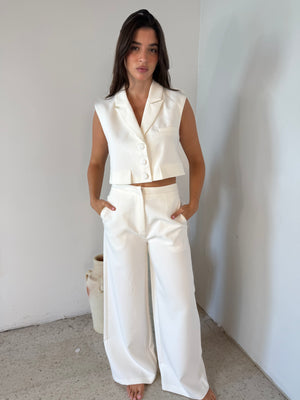 White Cropped Blazer Vest & Pant Set