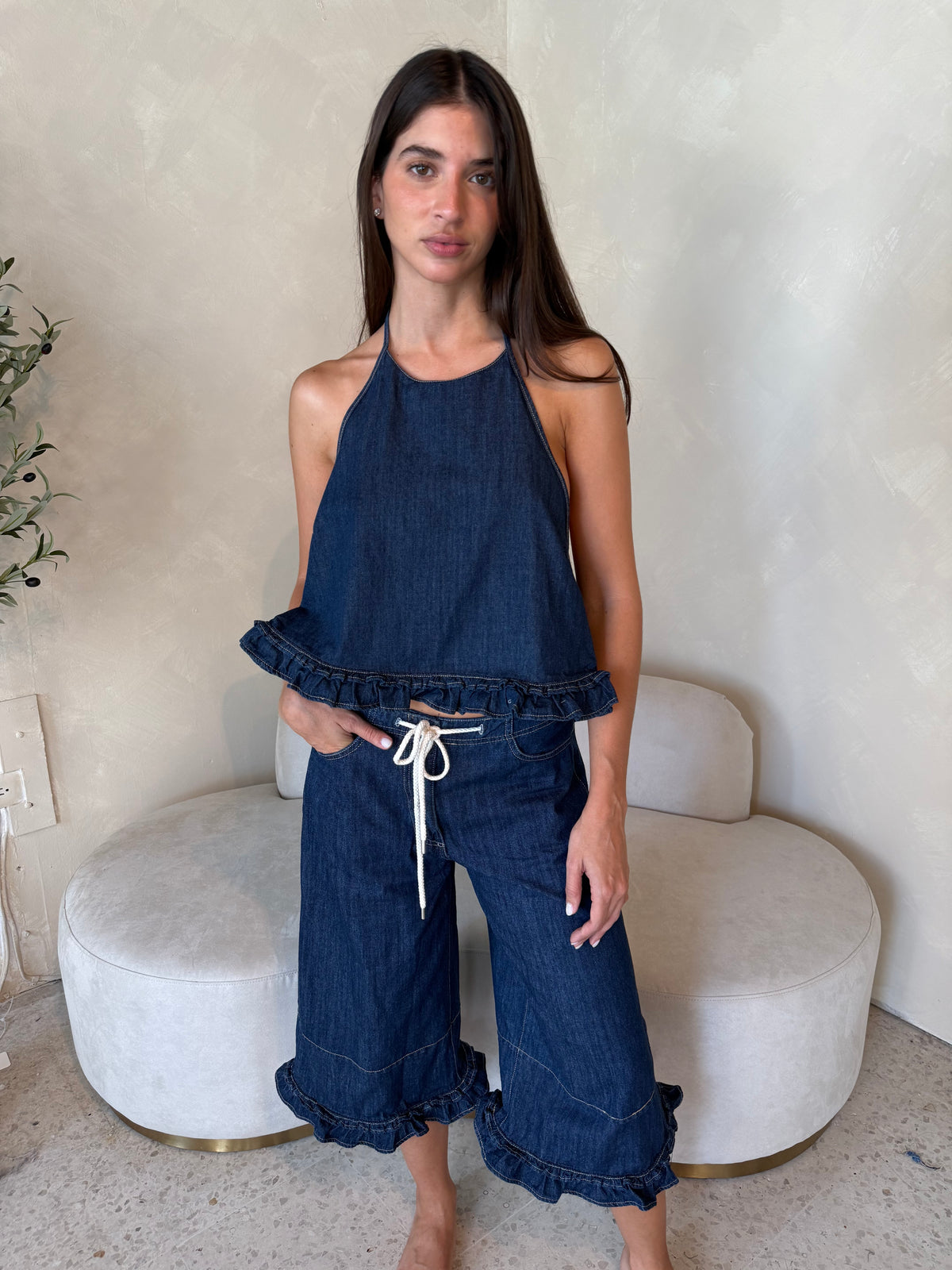 Dark Denim Ruffle Top & Pant Set