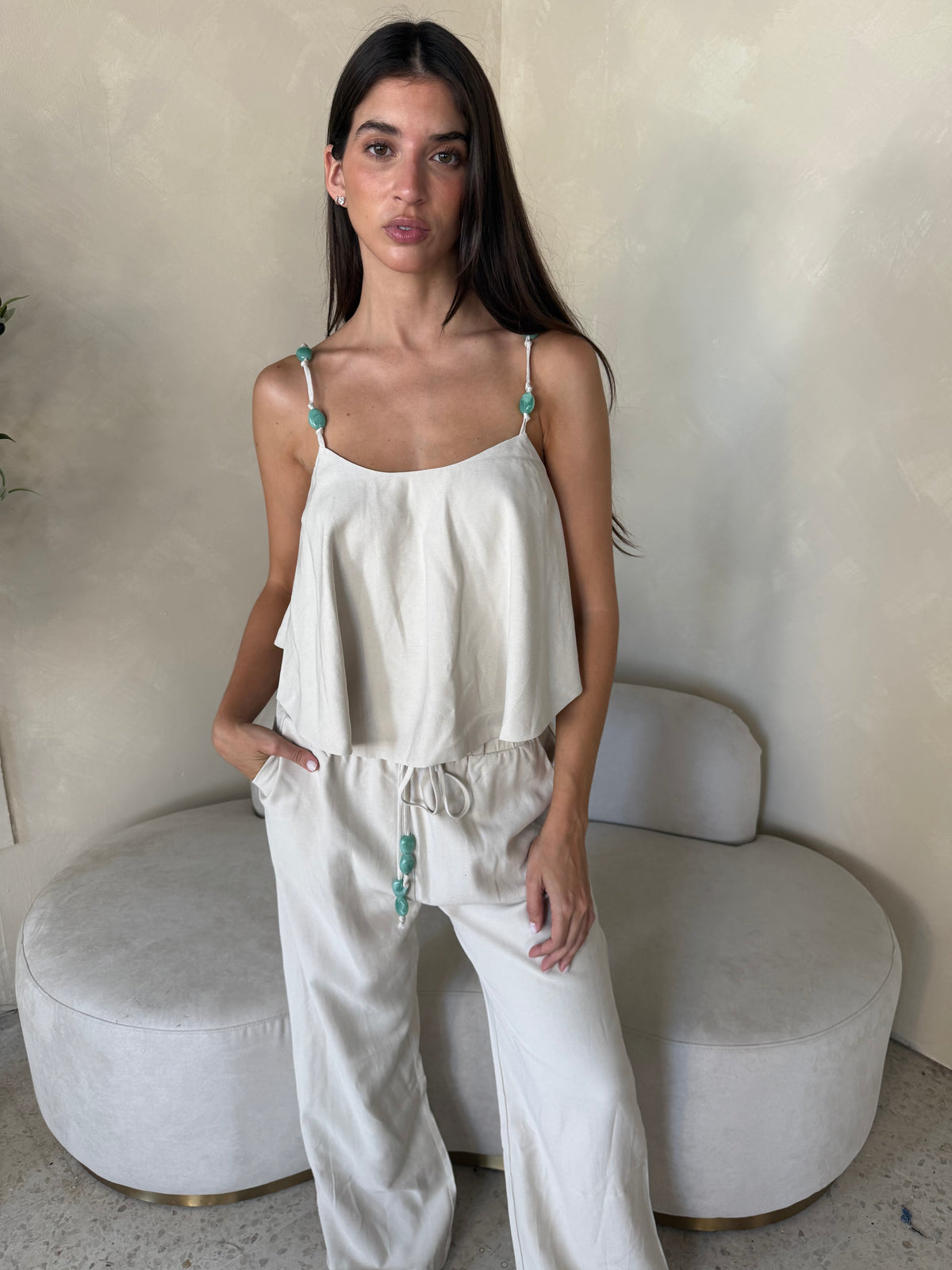 Beaded Beige Two Piece Set