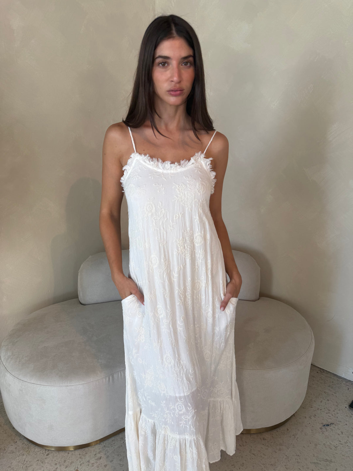 Embroidered Frill Maxi Dress