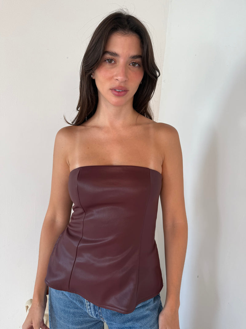 Burgundy PU Strapless Top