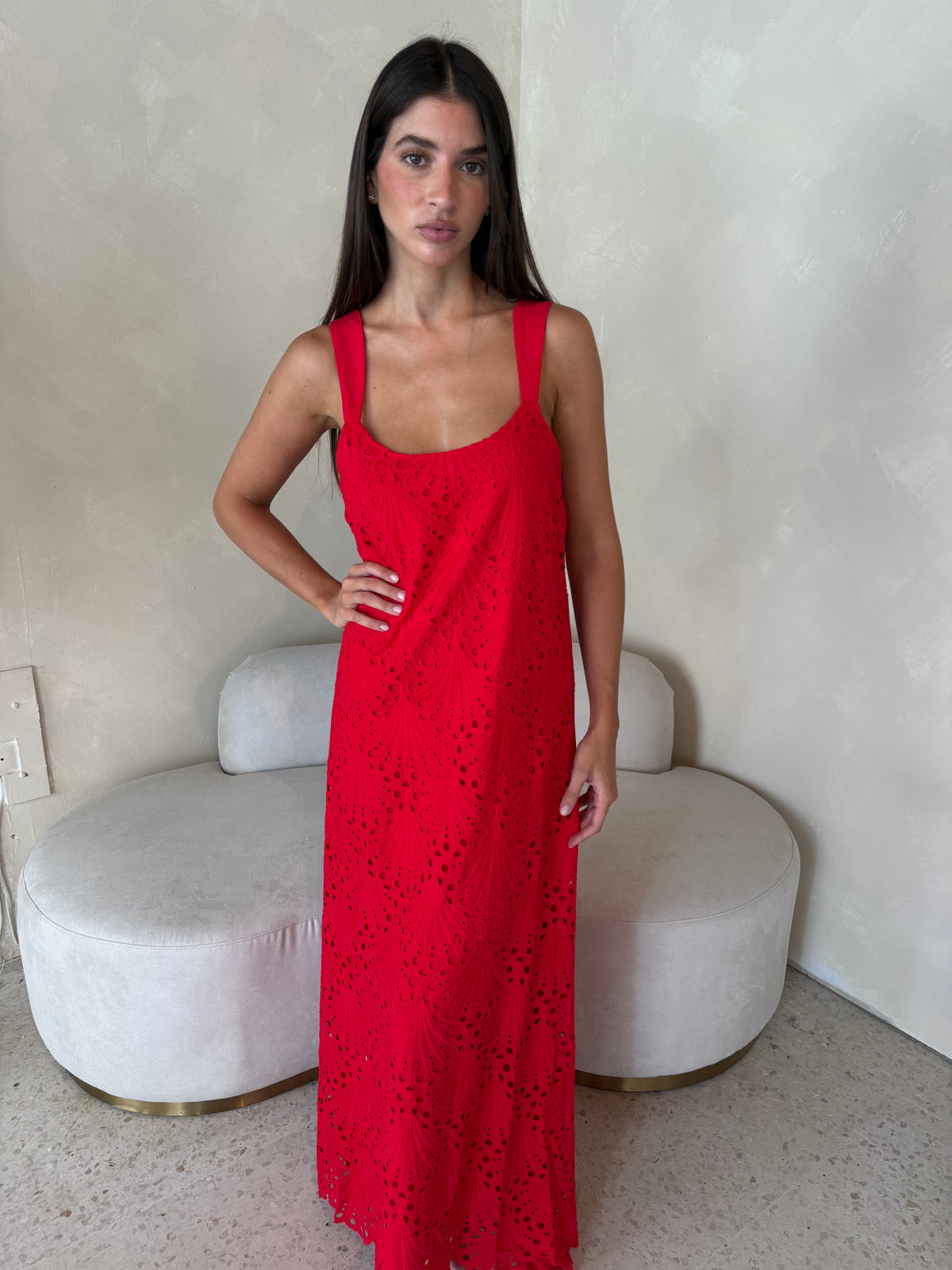 Red Eyelet Maxi Dress