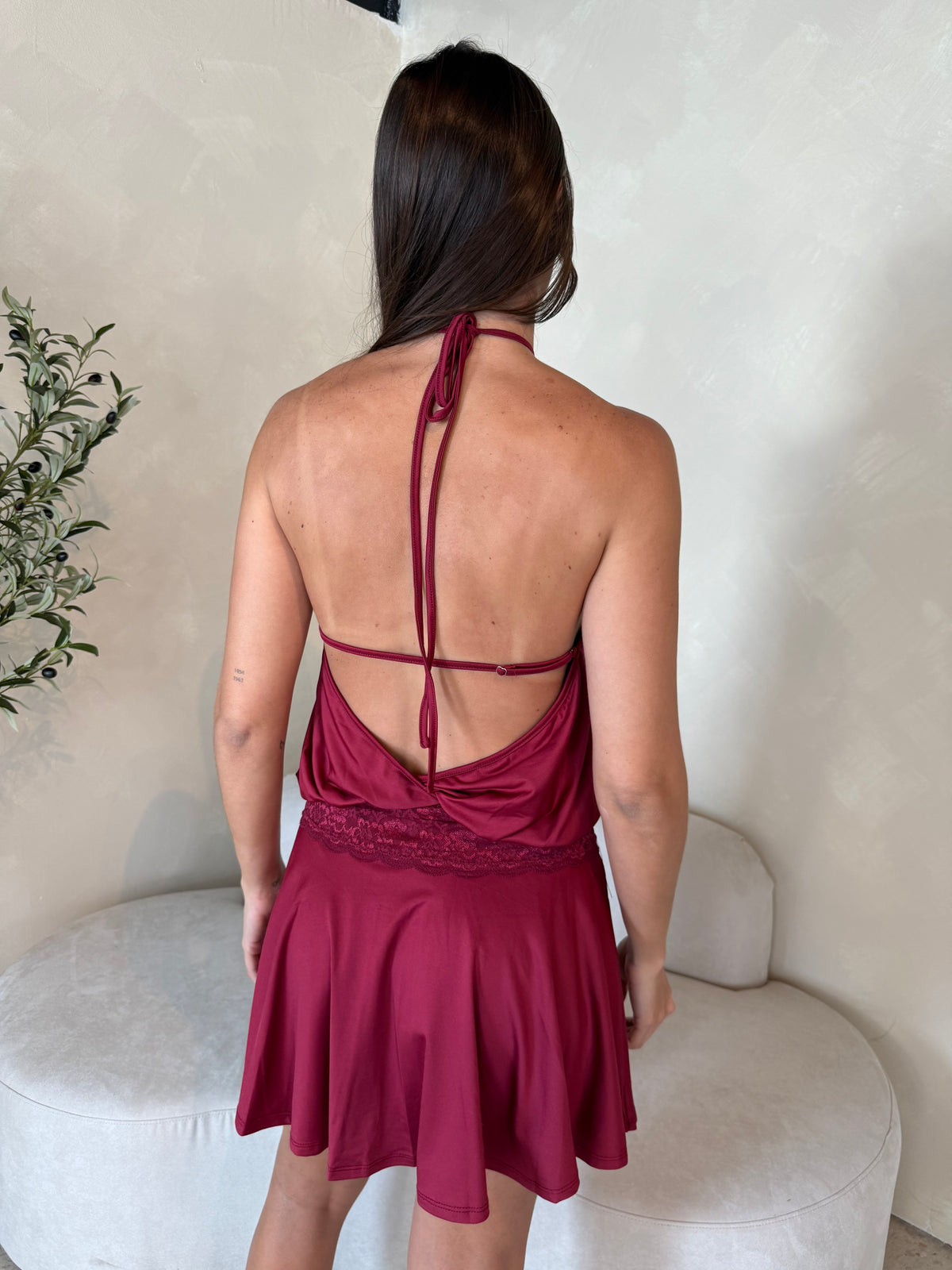Burgundy Lace Mini Dress