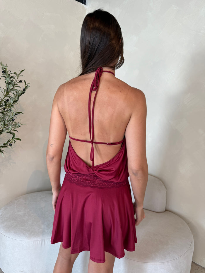 Burgundy Lace Mini Dress