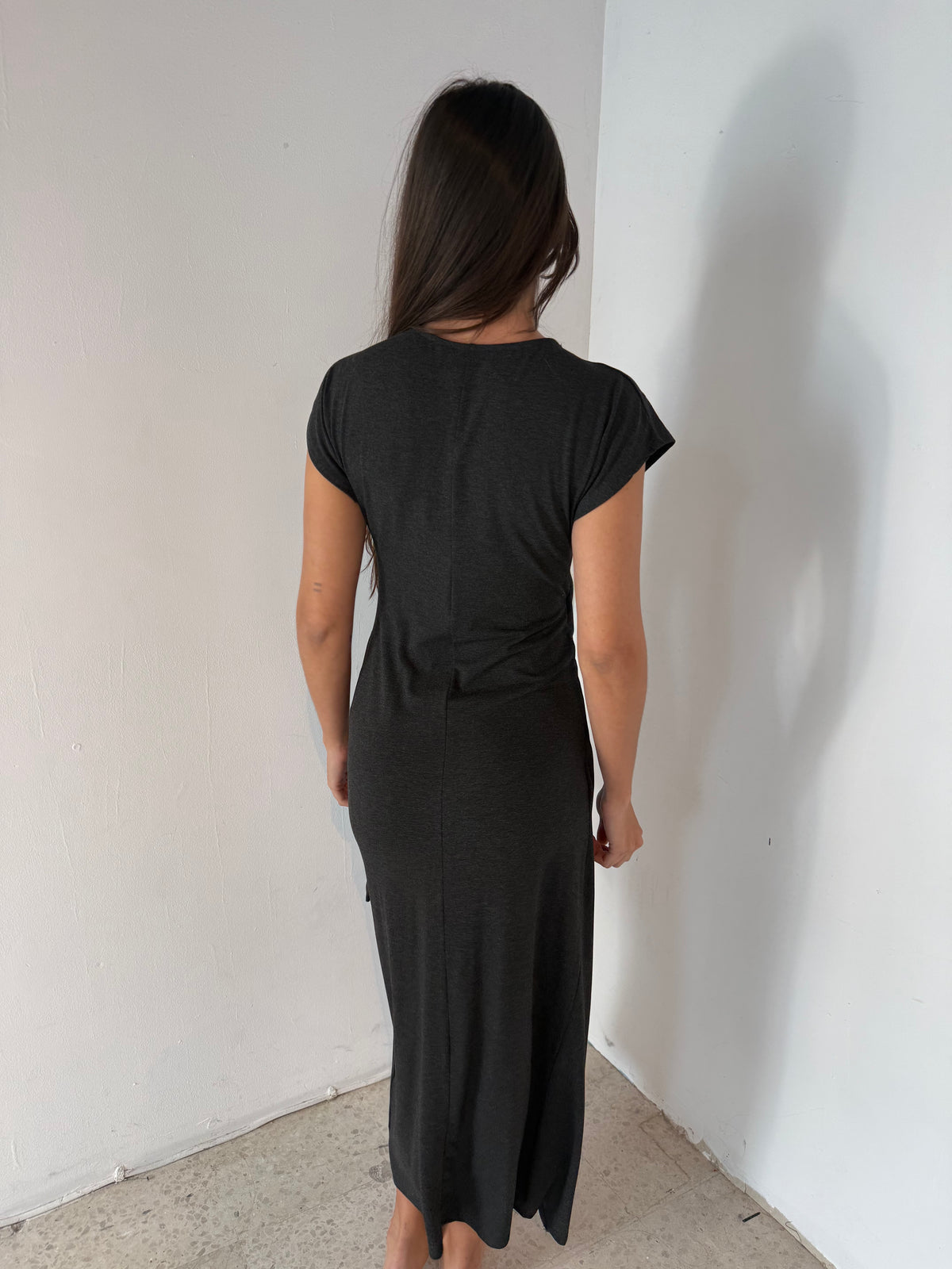 Charcoal Short Sleeve Waist Tie Maxi Dress