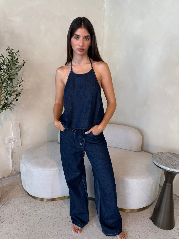 Denim Stitch Halter Top & Pant Set