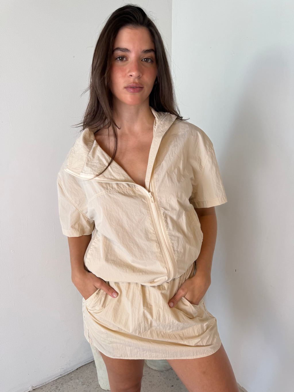 Beige Zipper Top & Skort Set