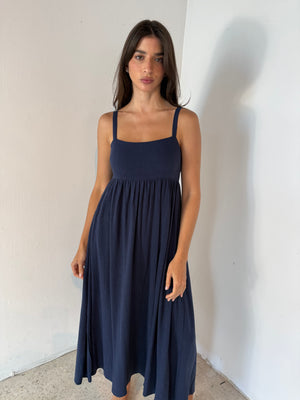 Navy Linen Blend Maxi Dress