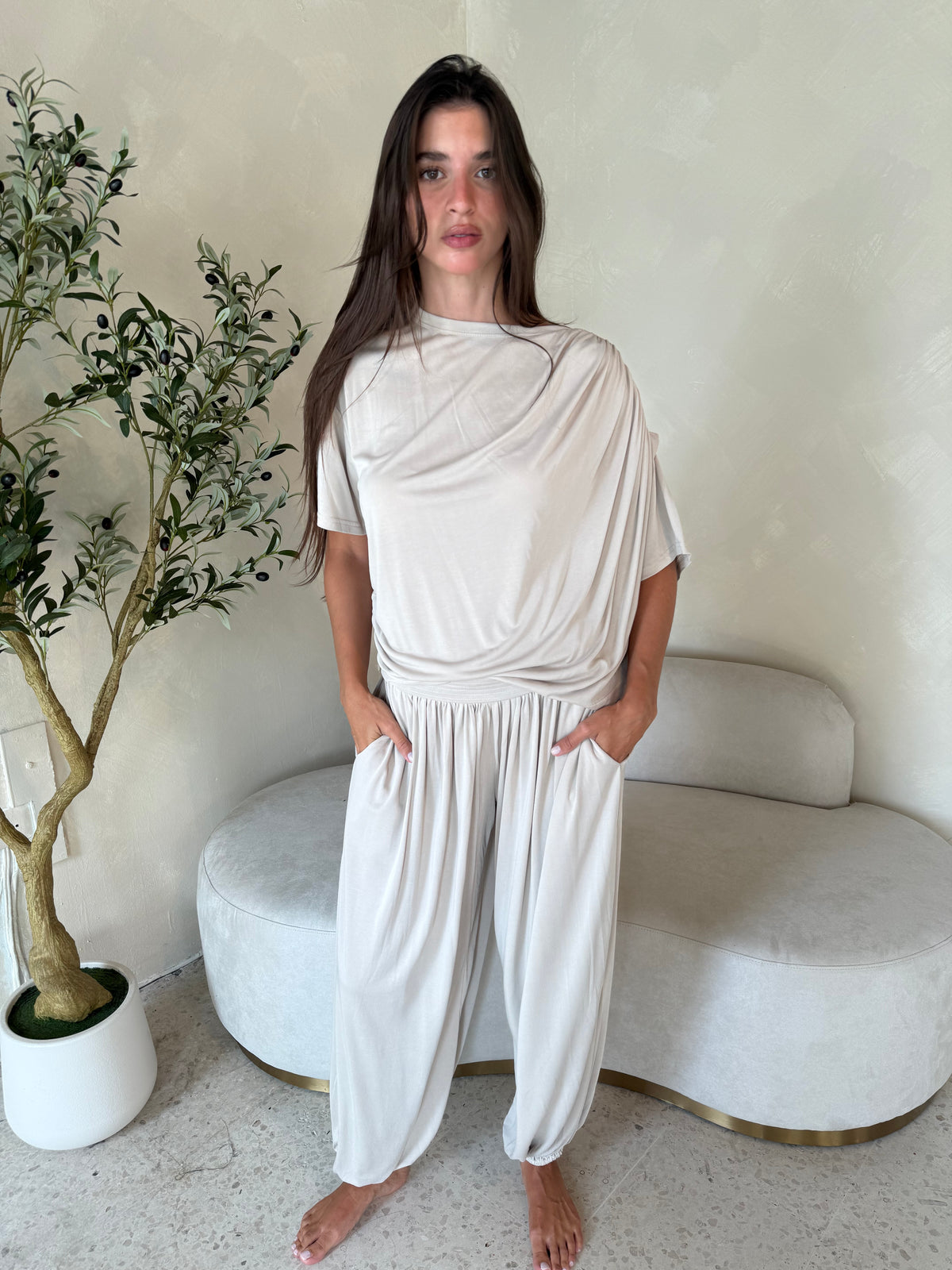 Draped Soft Top & Parachute Pants Set