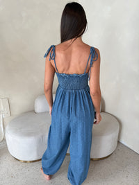 Polka Denim Smocked Jumpsuit