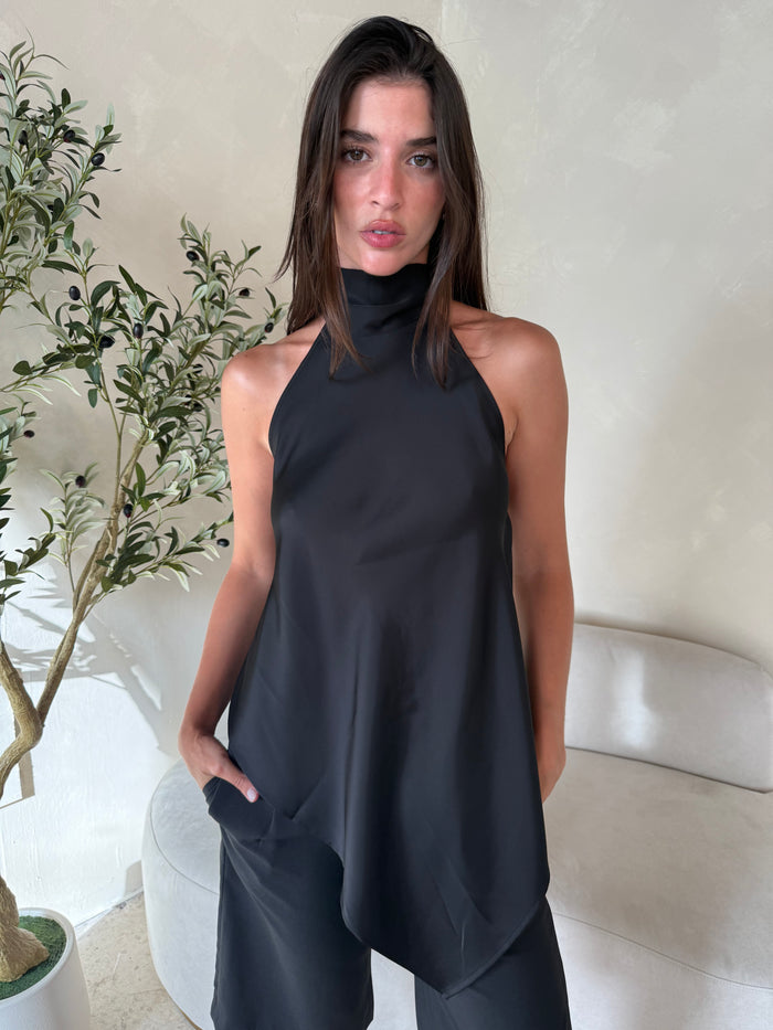 Hi Neck Black Satin Open Back Top