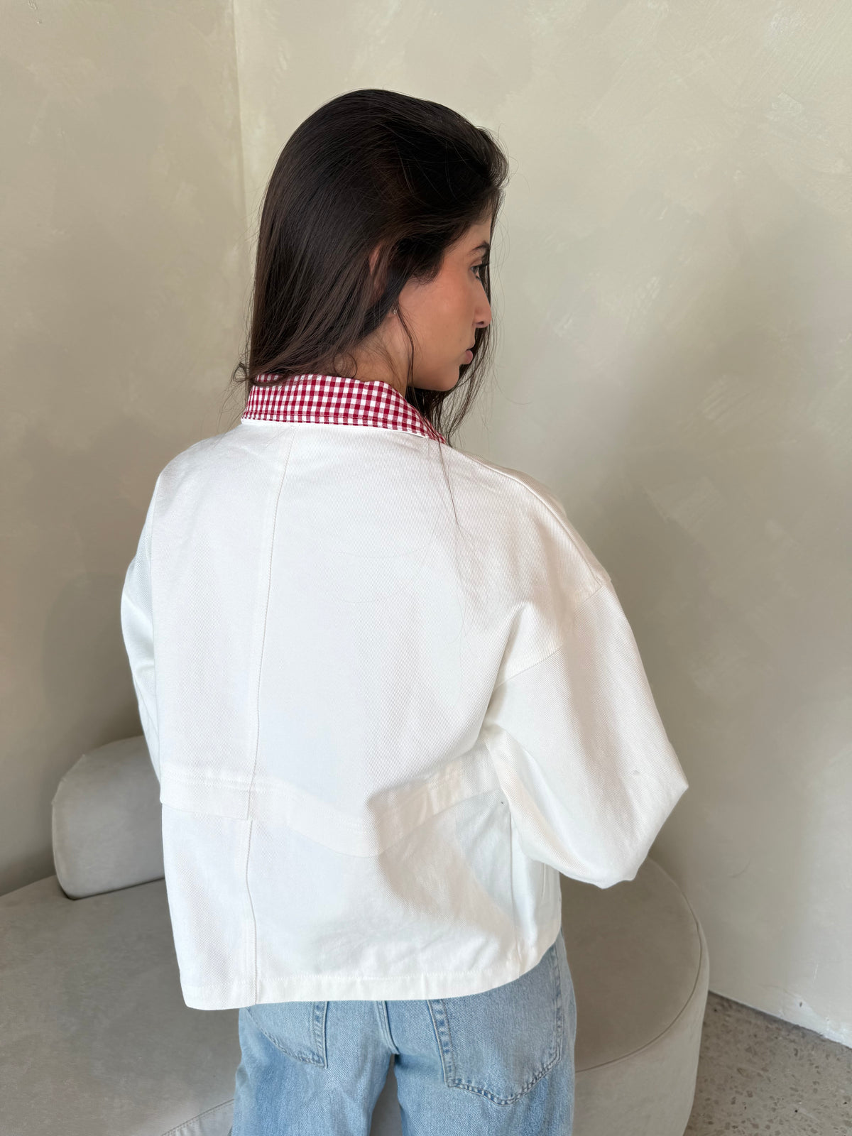 White Denim Jacket with Gingham Contrast