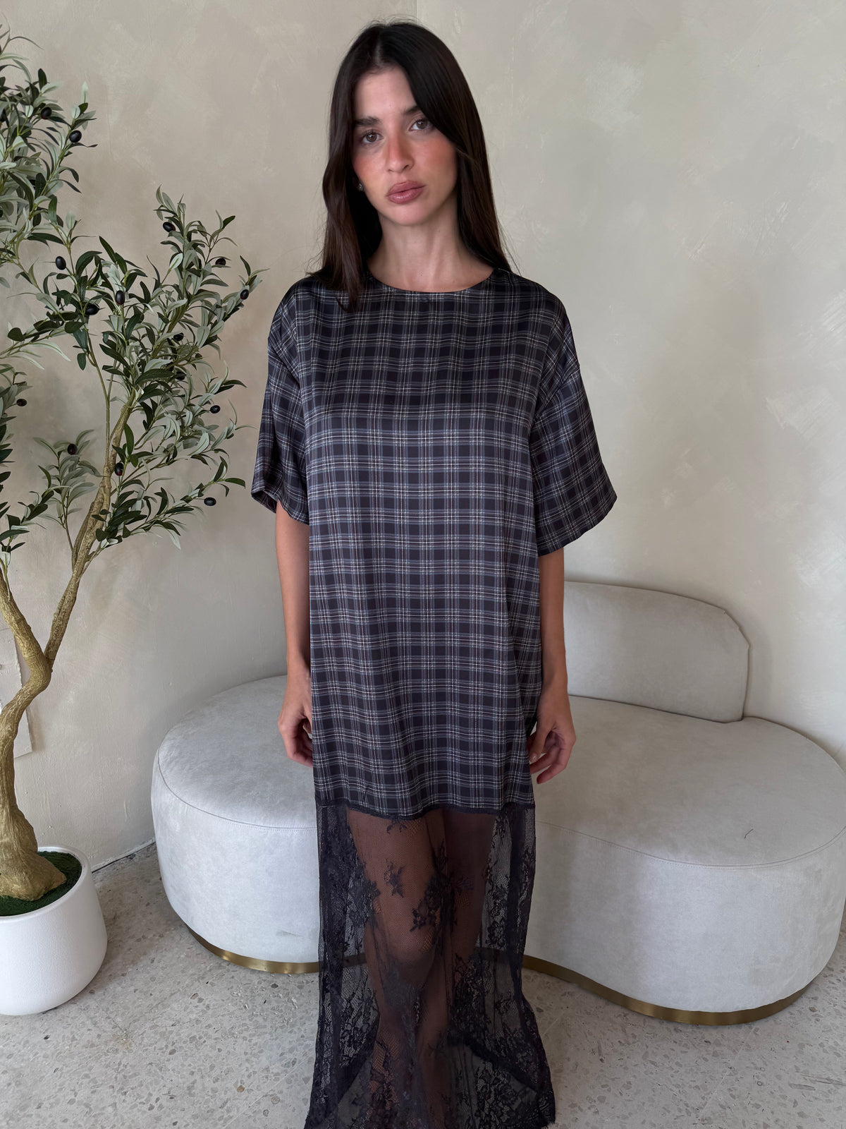 Plaid Lace Maxi Dress