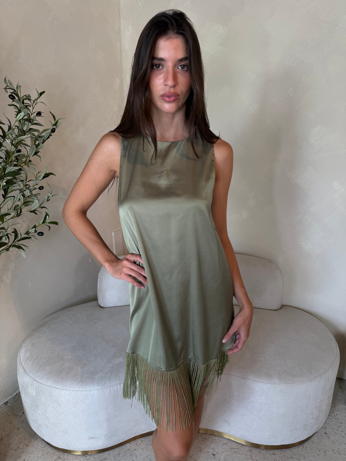 Olive Fringe Mini Dress